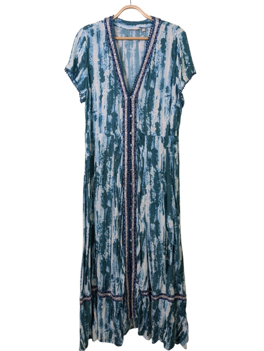Soft Surroundings Tie Dye Maxi Dress Large Green Button Front Embroidered Trim